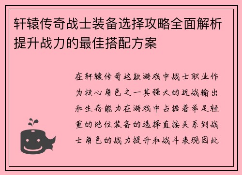 轩辕传奇战士装备选择攻略全面解析提升战力的最佳搭配方案